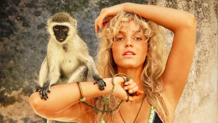 Erin Heatherton and a friend in Zanzibar.